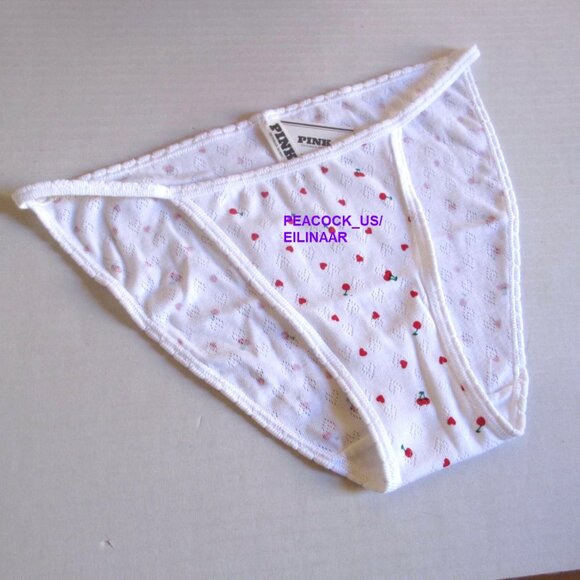 Victoria Secret PINK 100% Cotton String Bikini Panty White Red Cherry Hearts nwt - Picture 2 of 8